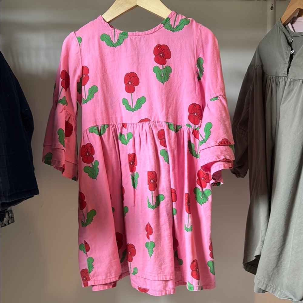 Mini Rodini Pink Dress with Red and Green Floral Design